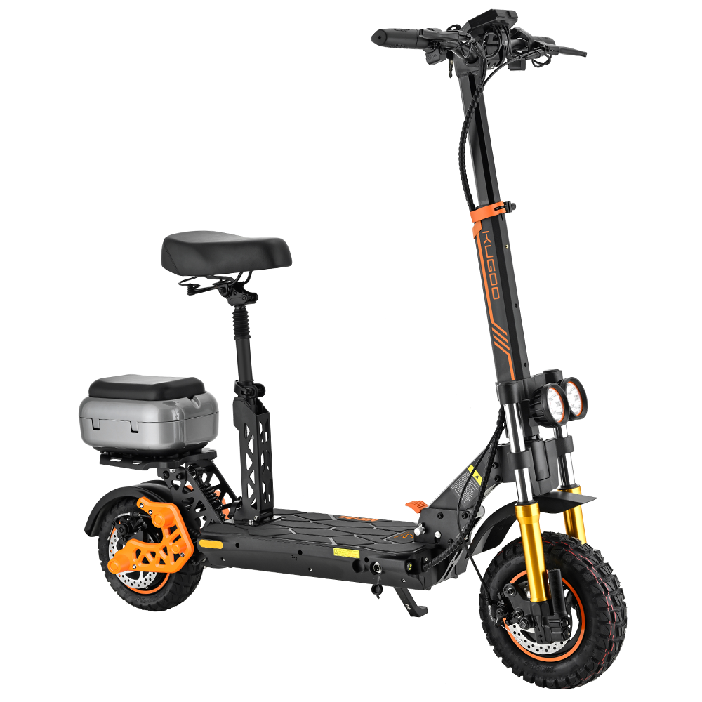 KUGOO M5 PRO electric scooter with orange suspension and rear cargo box