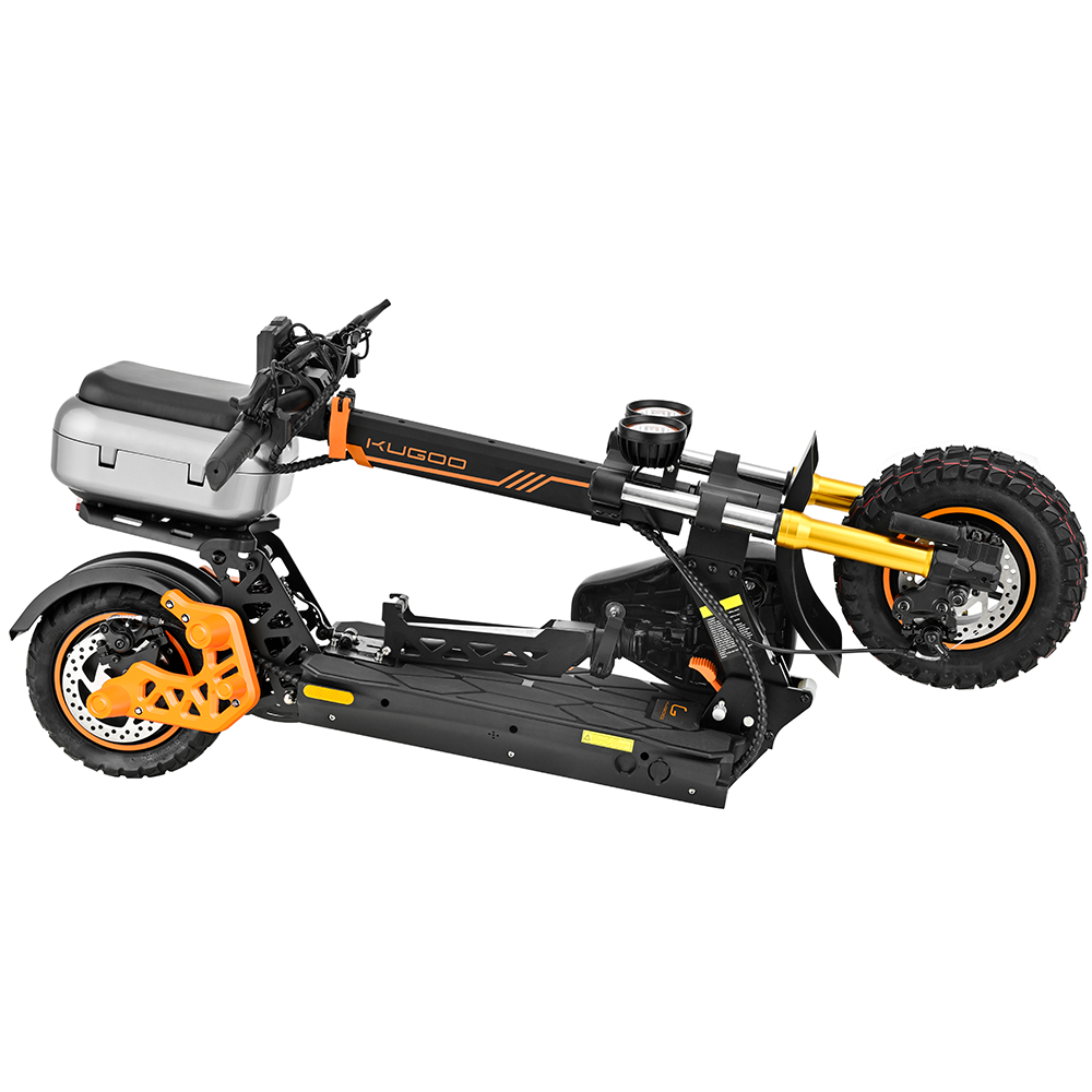 KUGOO M5 PRO electric scooter with orange suspension and rear cargo box