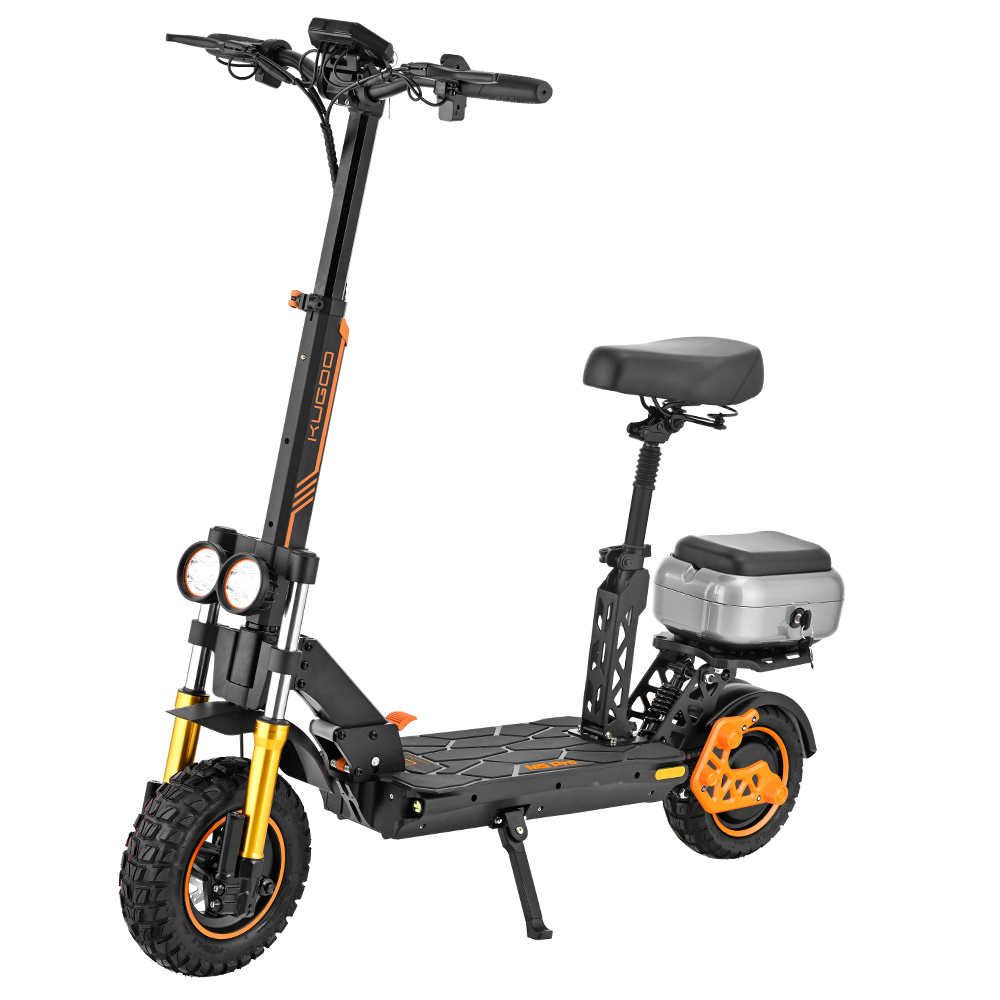 KUGOO M5 PRO electric scooter with orange suspension and rear cargo box